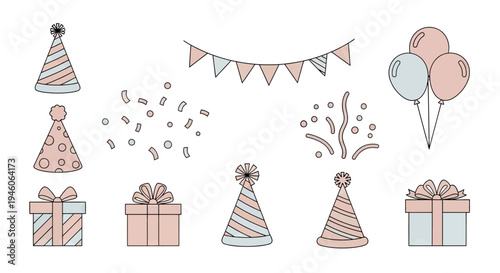Charming Pastel Celebration Icons Hats, Gifts, Balloons, Confetti Set
