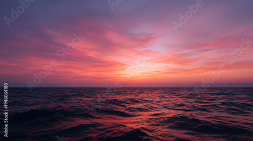 Ocean Sunset: The sun dips below the horizon, painting the sky with fiery hues. Reflecting off the undulating waves
