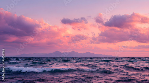 Ocean Serenity at Dusk: A tranquil seascape, capturing the mesmerizing dance of the waves under a canvas of pastel-colored clouds during the golden hour, embodying peace and serenity.