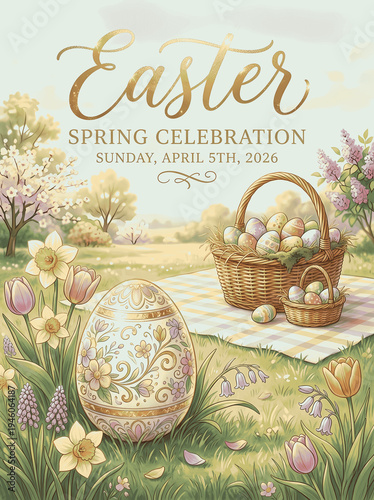 colorful easter eggs in a blooming garden with flowers, spring celebration scene for holiday graphics and decorative illustrations