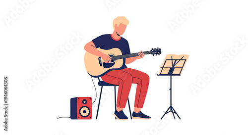 Enthusiastic young man enjoys playing acoustic guitar with music stand and amplifier, practicing musical harmony