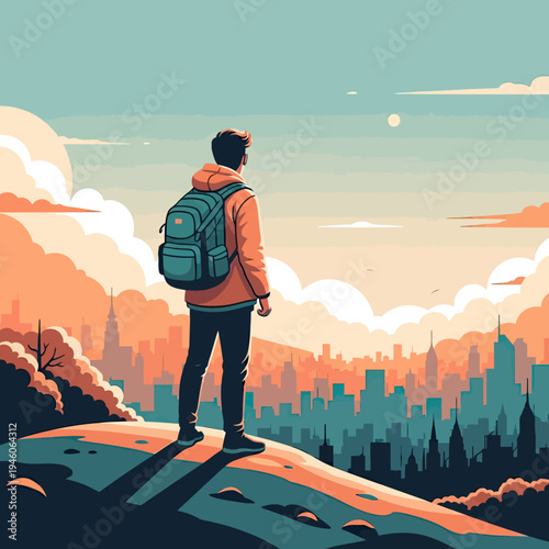 Backpacker stands atop hill, witnessing cityscape at dawn, symbolizing personal growth and future aspirations