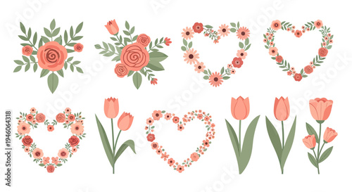 Romantic Floral Bouquets, Heart Wreaths, and Spring Tulips Collection for Love and Decoration