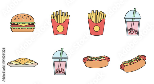 Delightful Set of Fast Food and Refreshing Drinks Illustrations