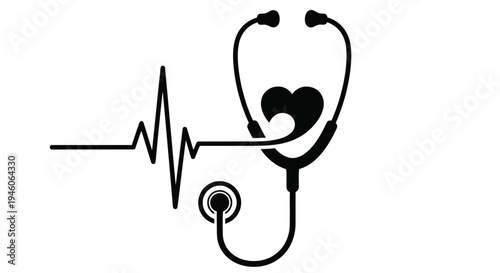 Stylized black stethoscope and electrocardiogram line art forming a heart shape