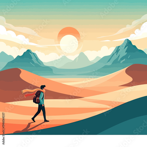 A lone traveler embarks on an inspiring desert adventure under a vibrant sky with distant mountains