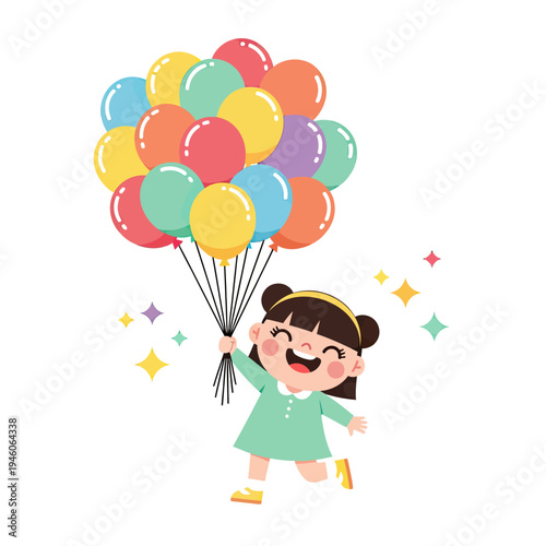 Cheerful young child running happily with a vibrant bouquet of party balloons