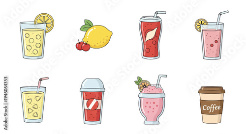 Assortment of Refreshing Summer Beverages and Coffee Illustrations