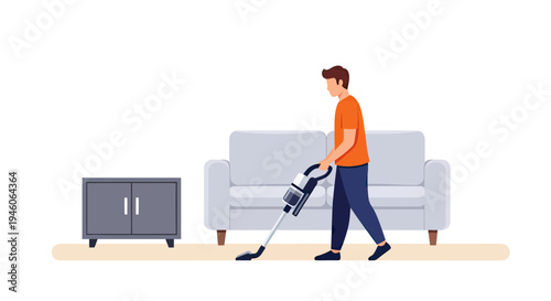 Man diligently cleaning his living room with a modern stick vacuum, an illustration of efficient household chores