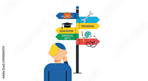 Young person contemplates multiple career paths and future choices at a crossroads