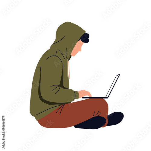 Relaxed individual in a hoodie using a laptop for productivity or leisure, casually engaged