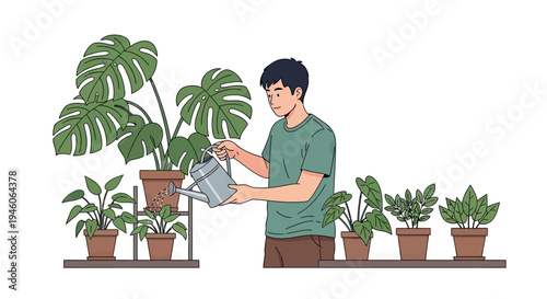 Caring for green indoor plants a man watering his beloved botanical collection