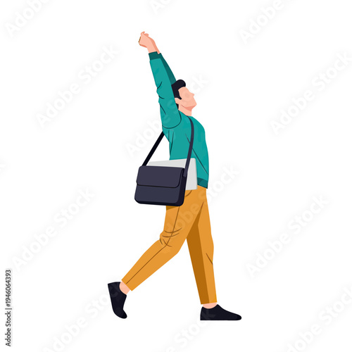 Joyful man celebrates success with arm raised, walking confidently forward