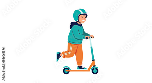 Cheerful Young Boy Safely Enjoys Riding His Scooter with a Helmet