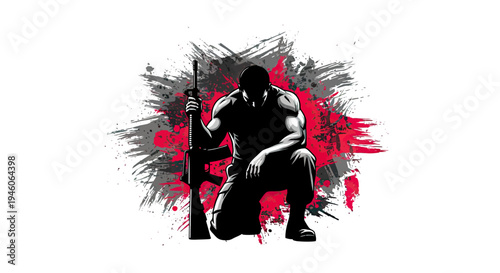 Warrior Silhouette Kneeling with Rifle, Representing Struggle and Unwavering Commitment