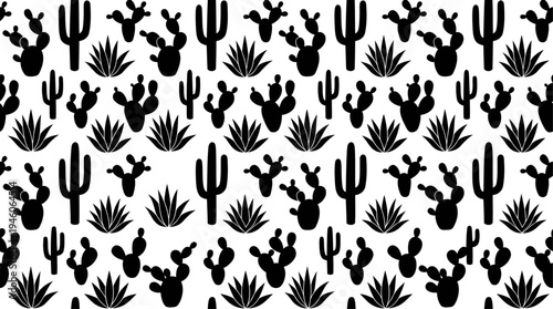 Seamless Desert Botanical Pattern Tile, Minimalist Cacti and Succulent Silhouette Vector Illustration