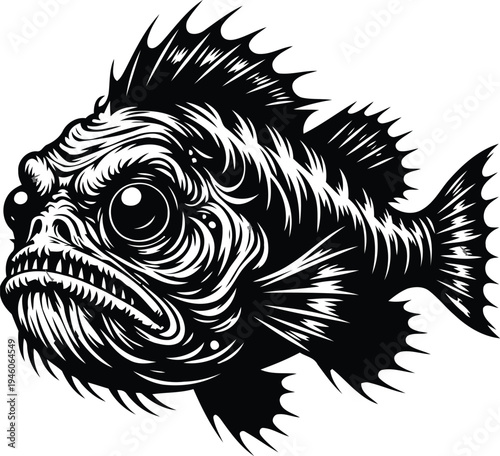 Vector illustration of a black and white anglerfish