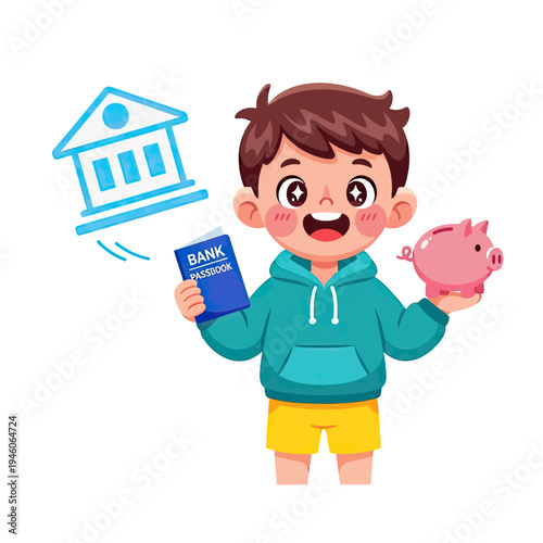 Happy child learns about saving money and financial education for their future