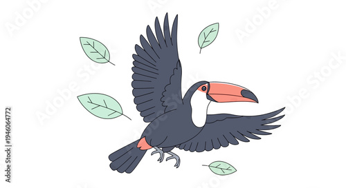Vibrant tropical toucan bird flying gracefully amidst lush green leaves