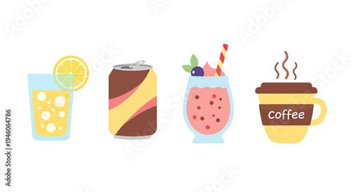 Colorful Flat Design Beverage Icons Collection for Various Refreshing Drinks