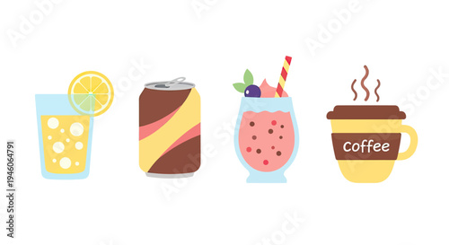 Vibrant flat design illustrations of diverse refreshing and warm beverages collection