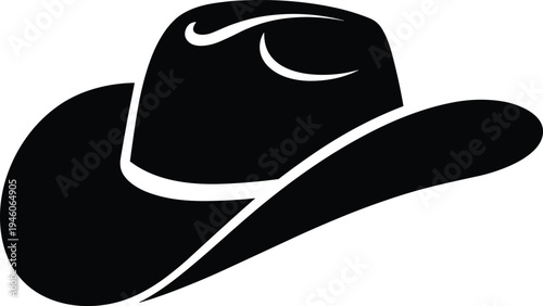 Black silhouette cowboy hat with wide brim and curved crown, Western culture fashion symbol vector illustration artwork design