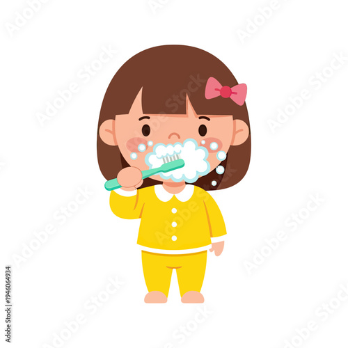 Cute Little Girl Character Practicing Daily Dental Hygiene Routine with Foamy Toothpaste and Toothbrush