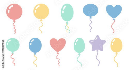 Collection of charming pastel balloons in various shapes and colors for festive celebrations