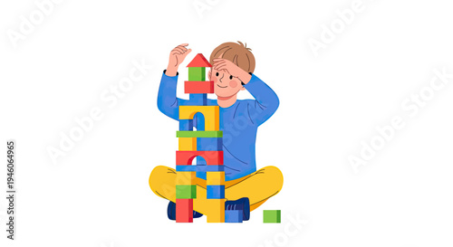Child building a colorful block tower, promoting creative play and early learning