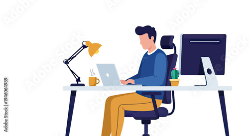 Focused man working remotely on laptop in a modern home office setting