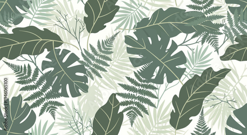 Vibrant Seamless Pattern Featuring Diverse Green Tropical Leaf Motifs
