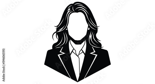 Black and white illustration of a woman in a business suit with no face