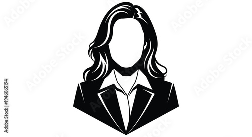 Stylized black and white illustration of a woman in a business suit with no face