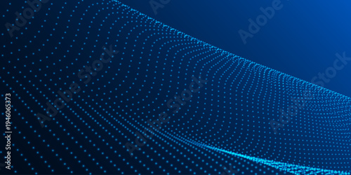 Futuristic dynamic wave. Abstract background of moving particles. Colorful music wave. Banner dedicated to technology or science. Digital technologies. 3D vector illustration.