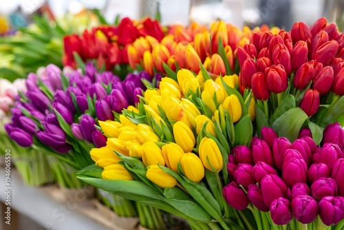 Colorful tulip bouquets creating vibrant spring market display