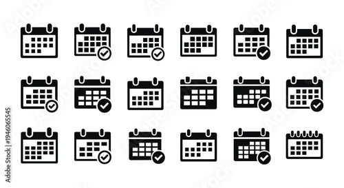 Collection of black calendar icons with various date selections and checkmarks