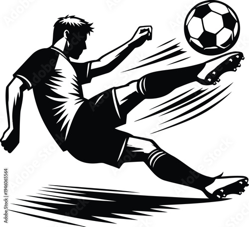 Black silhouette of soccer player kicking ball vector
