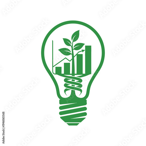 Green light bulb with growing plant and graph.
