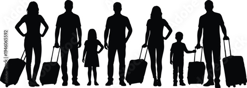 Black silhouette set of family and people with luggage traveling cad drawing flat vector illustration for architectural projects and design.