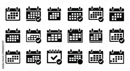 Collection of black calendar icons with varying designs and checkmark selections