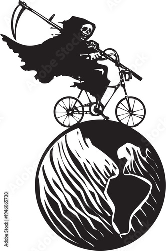Woodcut style image of death on a bicycle riding on the globe of the earth