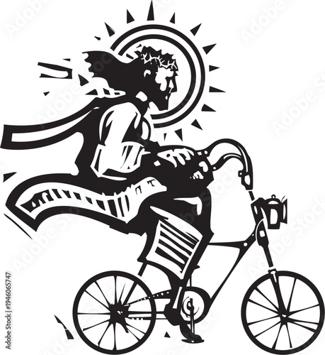 Woodcut style image of Christ on a Fixie bicycle