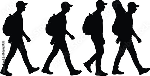 Black silhouette set of man walking with backpack wearing cap and carrying guitar 