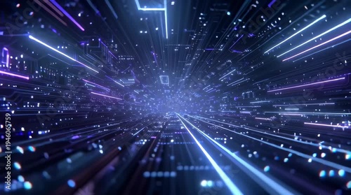 Ultra-detailed 3D digital tunnel, glowing neon circuit lines blue, purple white, high-tech quantum computing network, streaming particles light photons, dynamic energy pulses, futuristic sci-fi tech