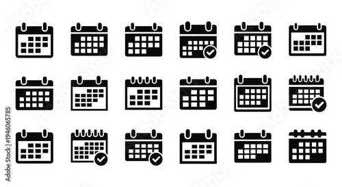 Multiple calendar icons in varying styles some with checkmarks displayed in black