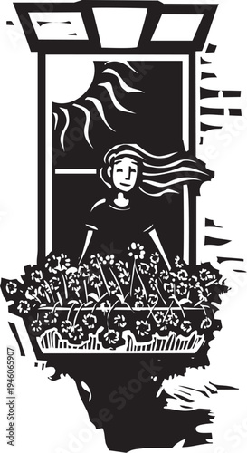 Woodcut style image of a woman with a window box full of flowers