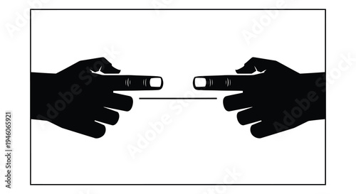 Two hands nearly touching separated by a thin line in a stark black and white design
