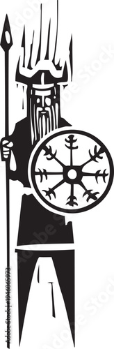Woodcut style Viking with Wheel Symbol on his shield