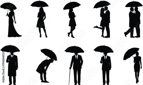 Black silhouette set of people with umbrellas walking in rain cad drawing flat vector illustration for architectural projects and urban design.