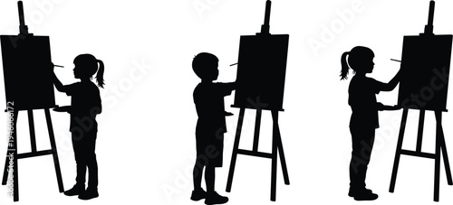 Children painting on easels set with kids drawing on canvas cad drawing flat vector illustration for school art class education.